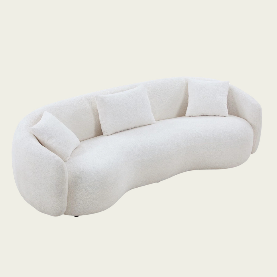  5-Seater Curved Boucle Sofa | White upholstery | Wavy - edge seating | 3 Pillows Included