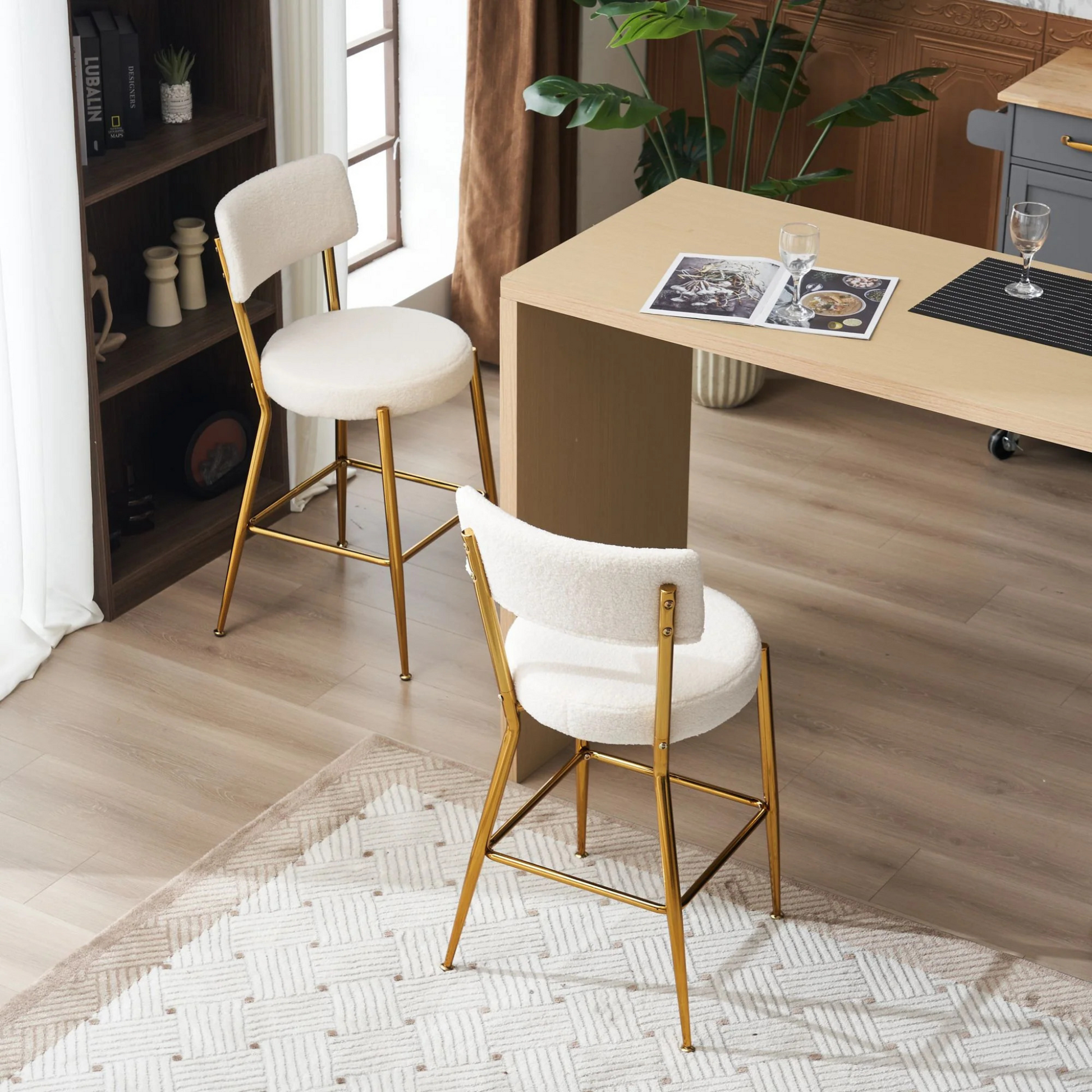 Set of 2 modern teddy fabric upholstered bar stools - Metal base high stool - Suitable for kitchen, dining and living room - Beige - Stylish and comfortable island seating