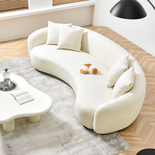 102" 5-Seater Curved Boucle Sofa |  Ivory cream upholstery | Half Moon Design | 4 Pillows Included
