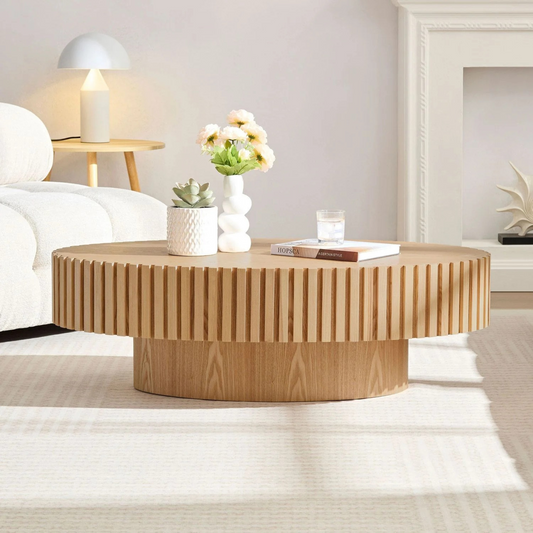 Modern Handcraft Drum Coffee Table Length 43.7 inch Ellipse Coffee Table for Living Room,Oval Small Coffee Table with Sturdy Pedestal,Natural Ash MDF