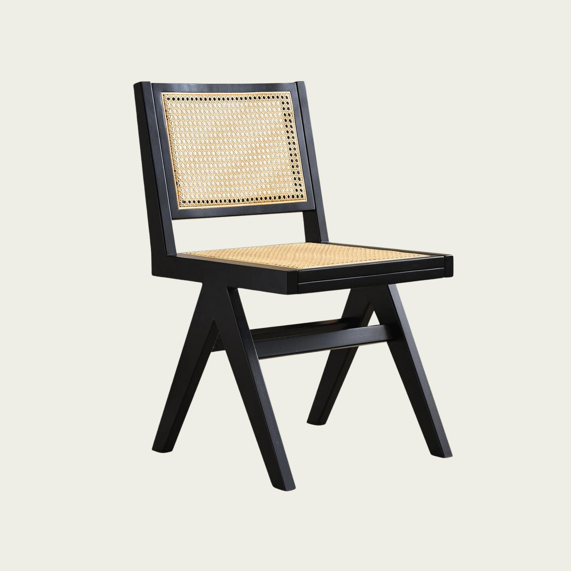 vintage black wood chair | rattan seat and back cushion  0