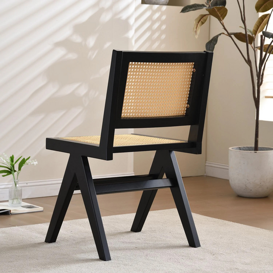 vintage black wood chair | rattan seat and back cushion 55